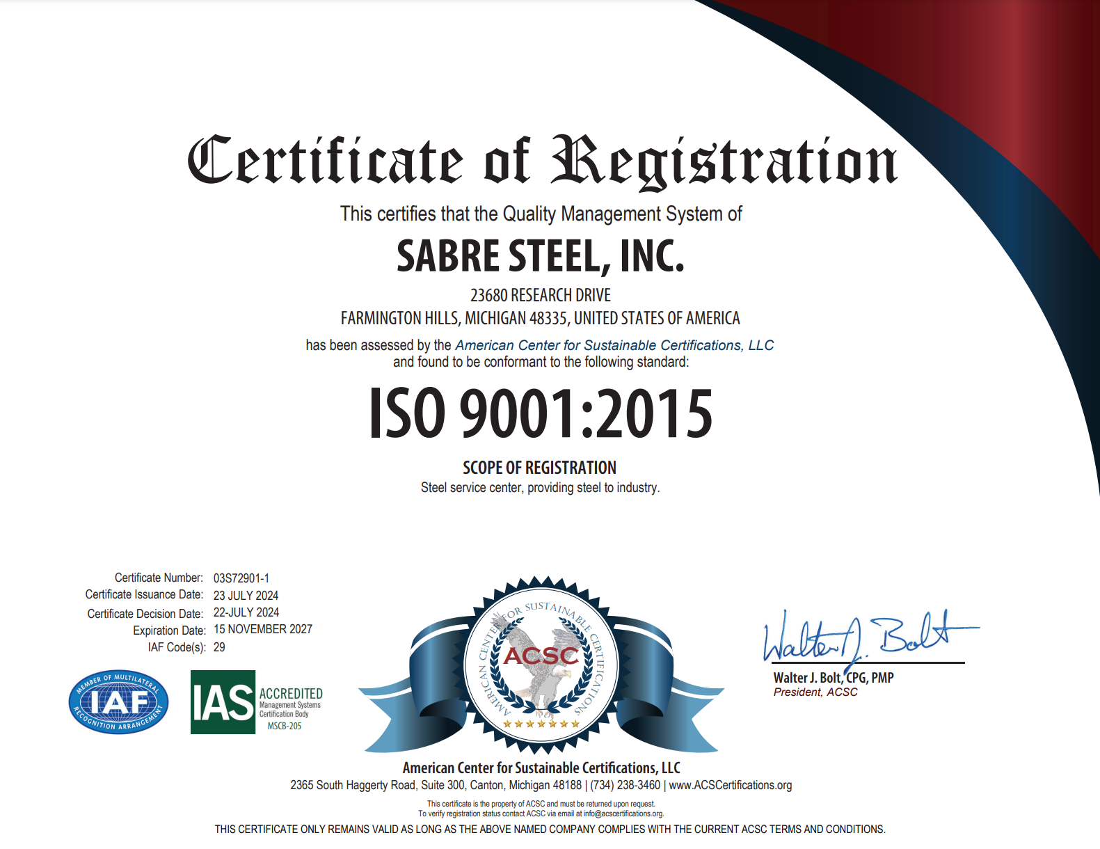 Sabre Steel ISO Certification